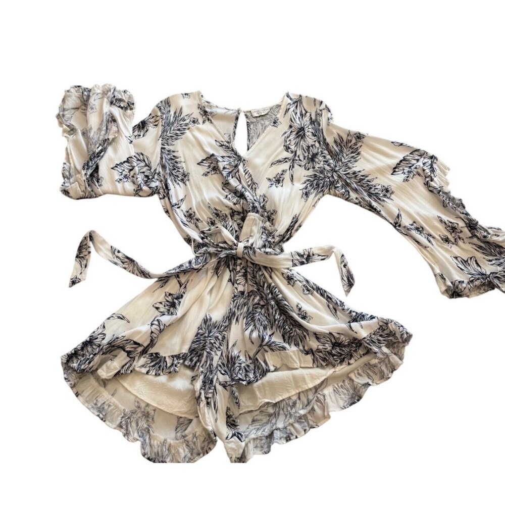 Floral Print White & Black Ruffled Wrap-Style Long Sleeve Mini Skort Romper With